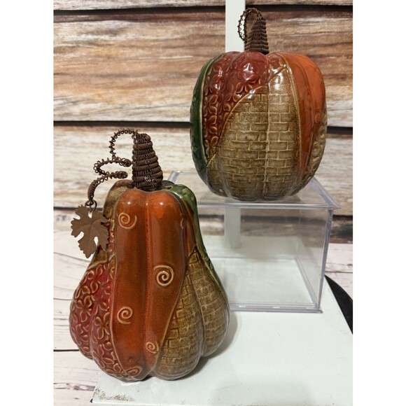 Ceramic Pumpkin & Gourd Metal Stem and Leaf Fall Decor 9” Tall Green Orange Tan - Picture 1 of 10